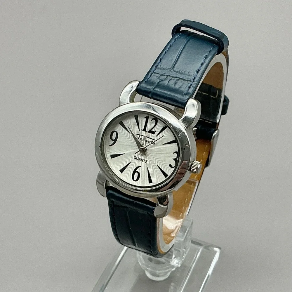 Talbots Watch Women Silver Tone Blue Leather Band Analog Quartz NEW BATTERY